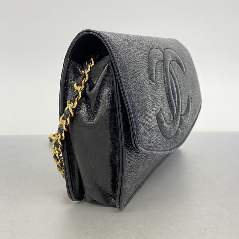 Chanel Shoulder Wallet Caviar Skin Black Gold Hardware Women