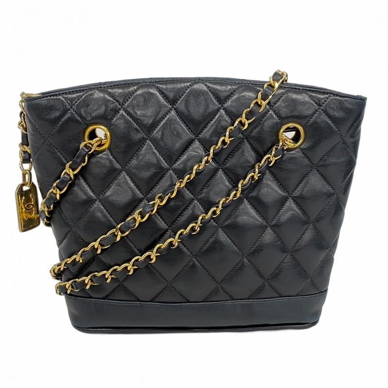 Chanel Shoulder Bag Matelasse Lambskin Black Gold Hardware Women