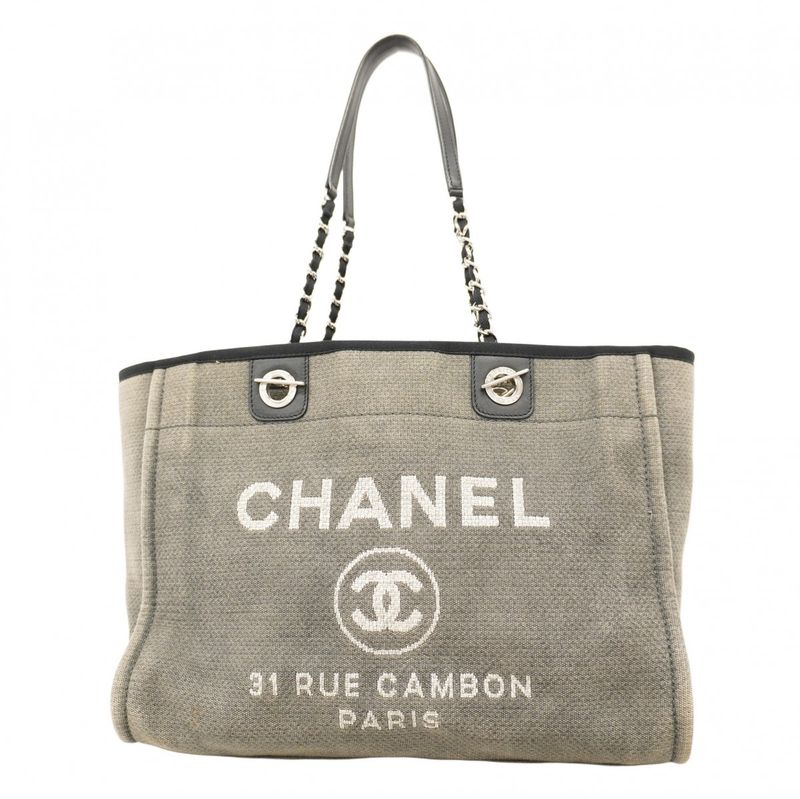 Chanel Tote Bag Deauville Canvas Gray Black Silver Hardware Women's