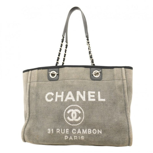 Chanel Tote Bag Deauville Canvas Gray Black Silver Hardware Women's