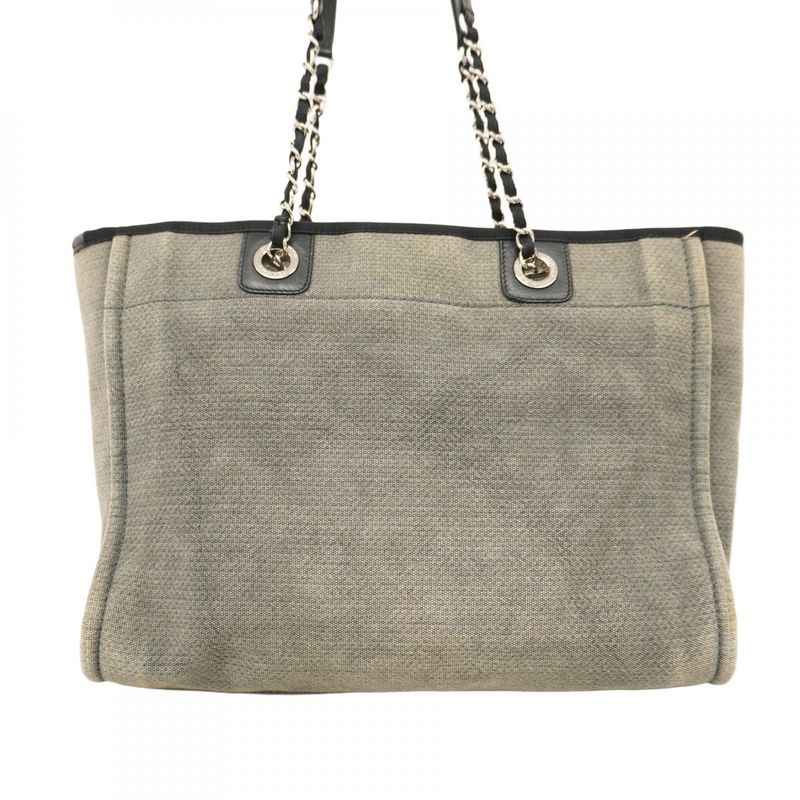 Chanel Tote Bag Deauville Canvas Gray Black Silver Hardware Women's