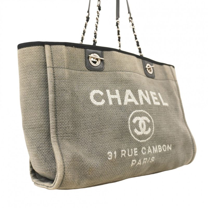 Chanel Tote Bag Deauville Canvas Gray Black Silver Hardware Women's
