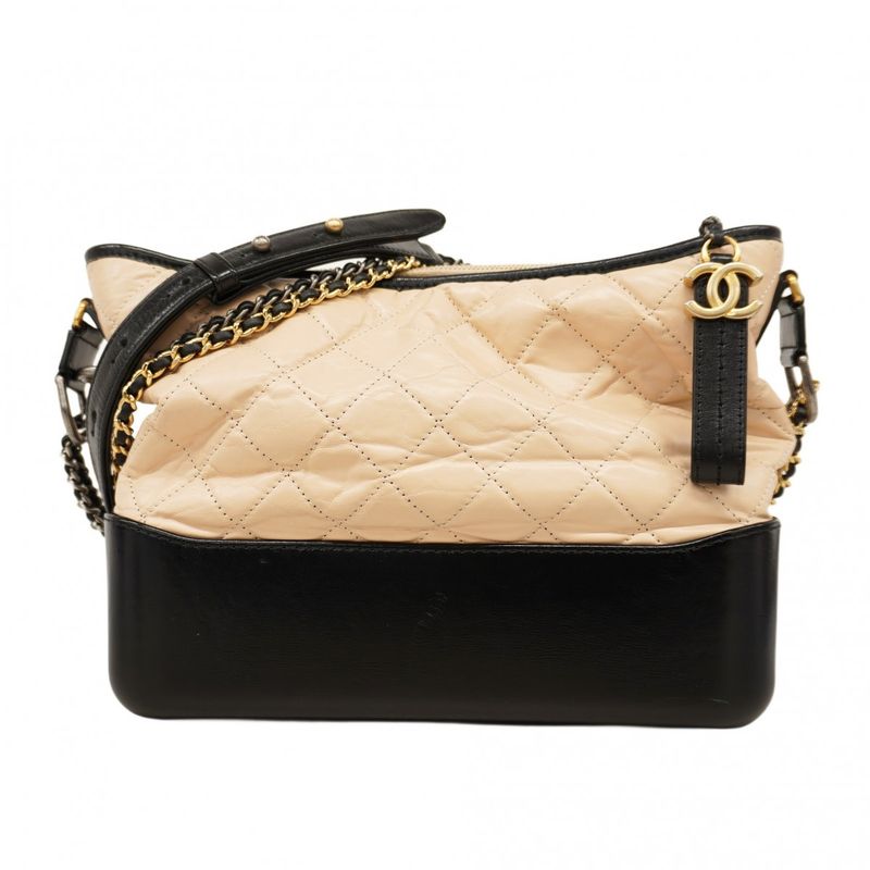 Chanel Shoulder Bag Gabrielle Lambskin Beige Black Gold/silver Hardware Women
