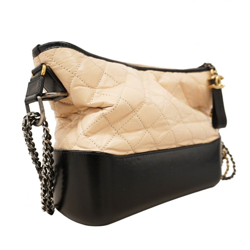 Chanel Shoulder Bag Gabrielle Lambskin Beige Black Gold/silver Hardware Women