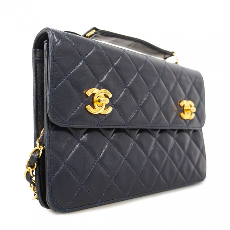 Chanel Handbag Matelasse Double Turnlock Lambskin Navy Gold Hardware 2way Bag