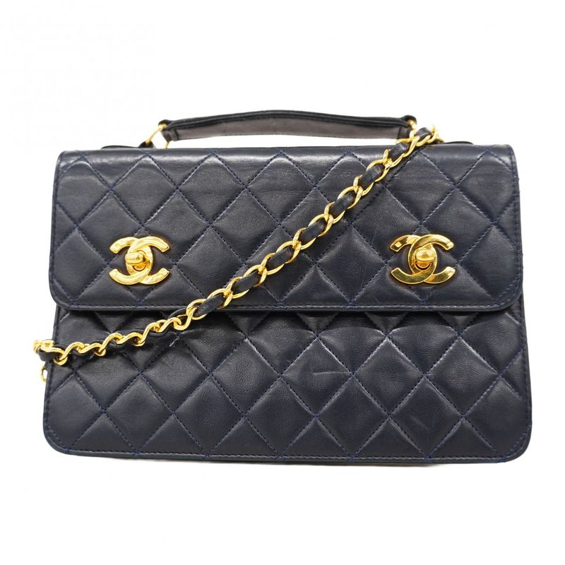 Chanel Handbag Matelasse Double Turnlock Lambskin Navy Gold Hardware 2way Bag
