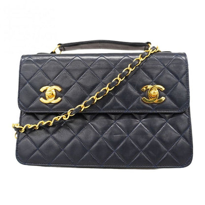 Chanel Handbag Matelasse Double Turnlock Lambskin Navy Gold Hardware 2way Bag
