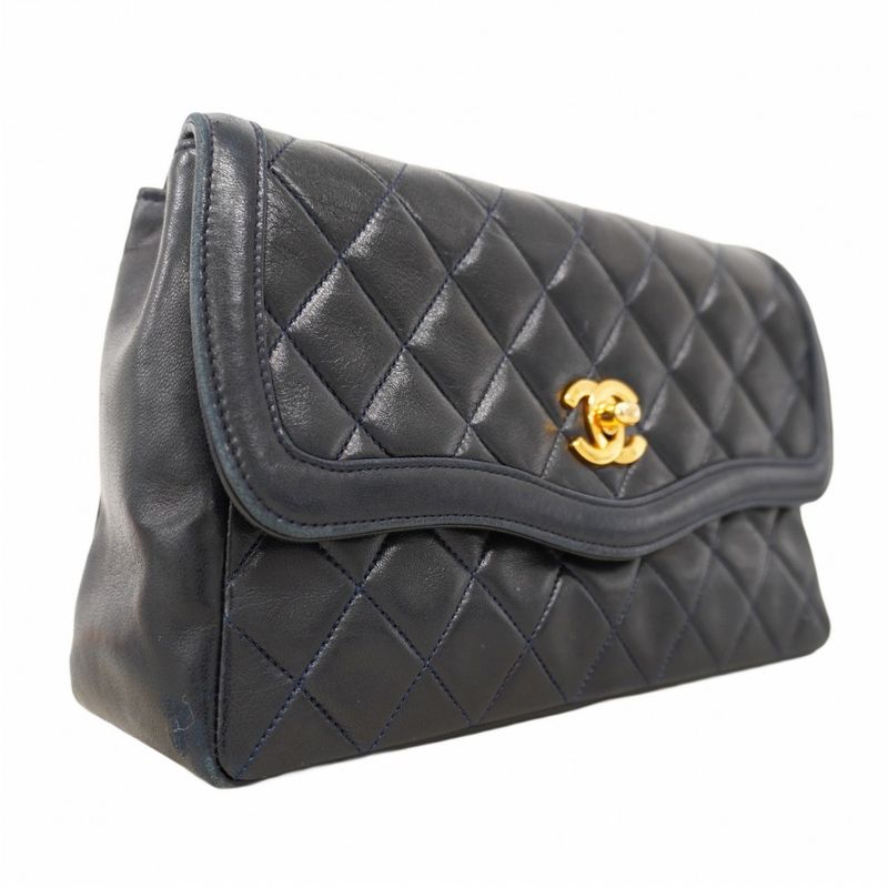 Chanel Shoulder Bag Matelasse Lambskin Navy Gold Hardware Women