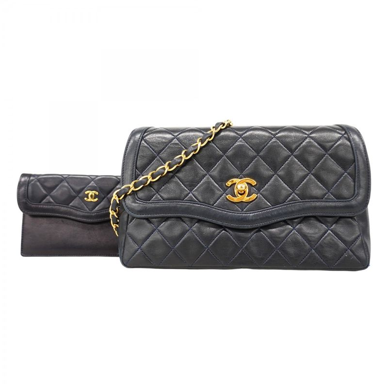 Chanel Shoulder Bag Matelasse Lambskin Navy Gold Hardware Women