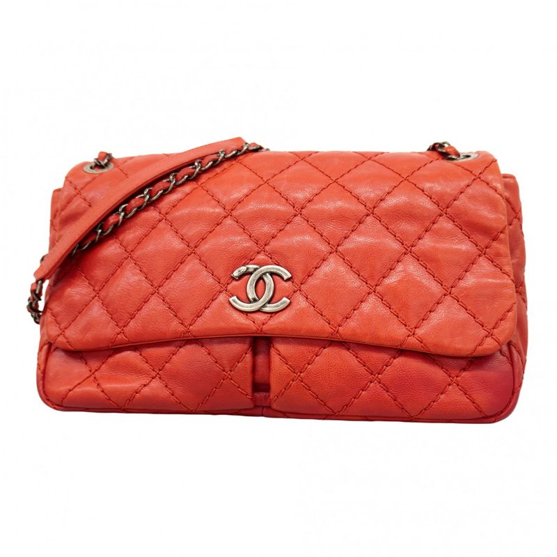 Chanel Shoulder Bag Wild Stitch Leather Red Silver Hardware Women