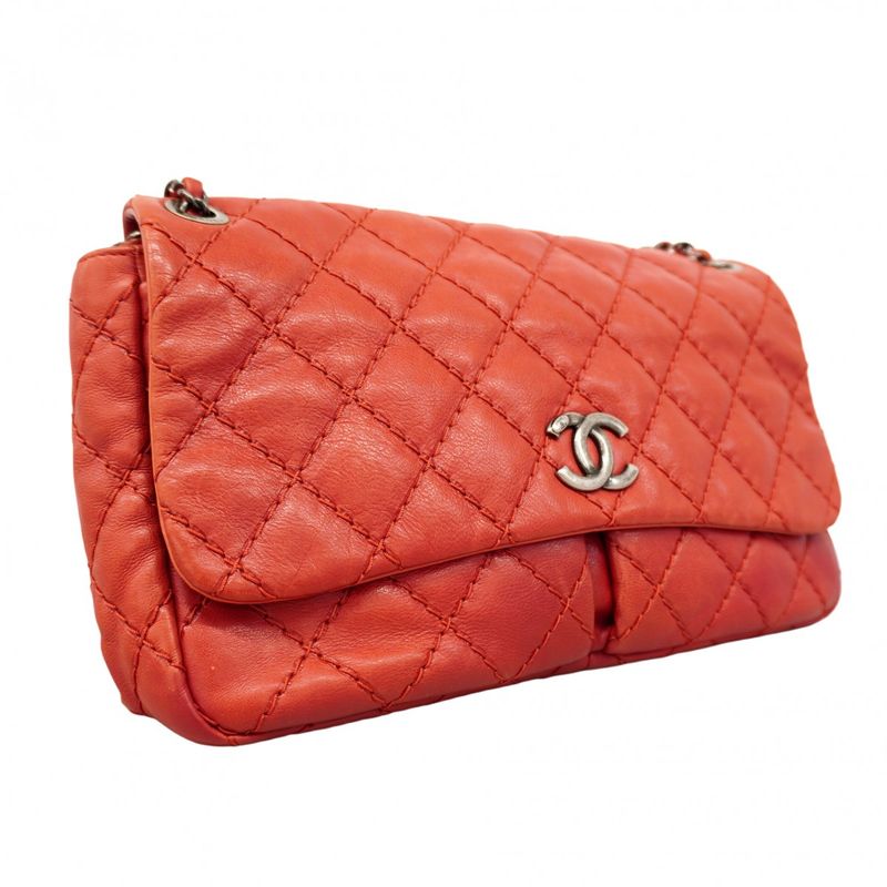 Chanel Shoulder Bag Wild Stitch Leather Red Silver Hardware Women