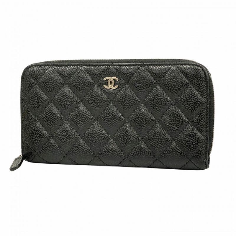 Chanel Long Wallet Matelasse Caviar Skin Black Silver Hardware Women