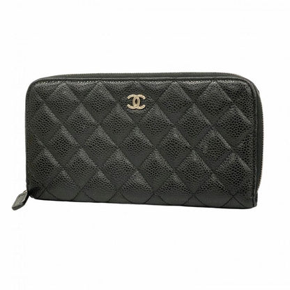 Chanel Long Wallet Matelasse Caviar Skin Black Silver Hardware Women