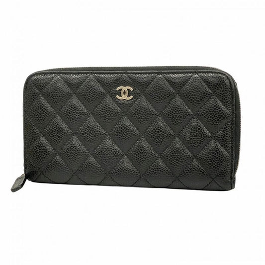 Chanel Long Wallet Matelasse Caviar Skin Black Silver Hardware Women