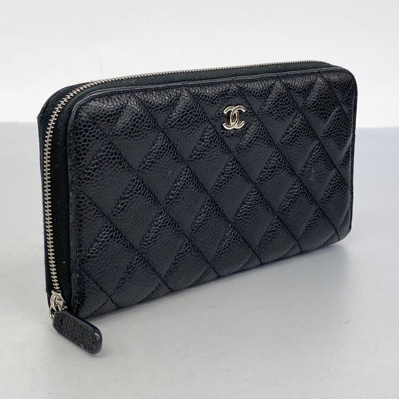 Chanel Long Wallet Matelasse Caviar Skin Black Silver Hardware Women