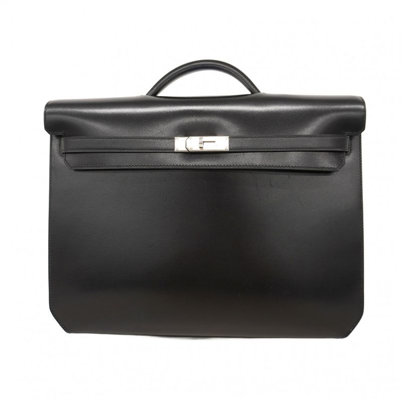 Hermes Briefcase Kelly Depeche 36 Tadelakt Black Silver Hardware B Engraved