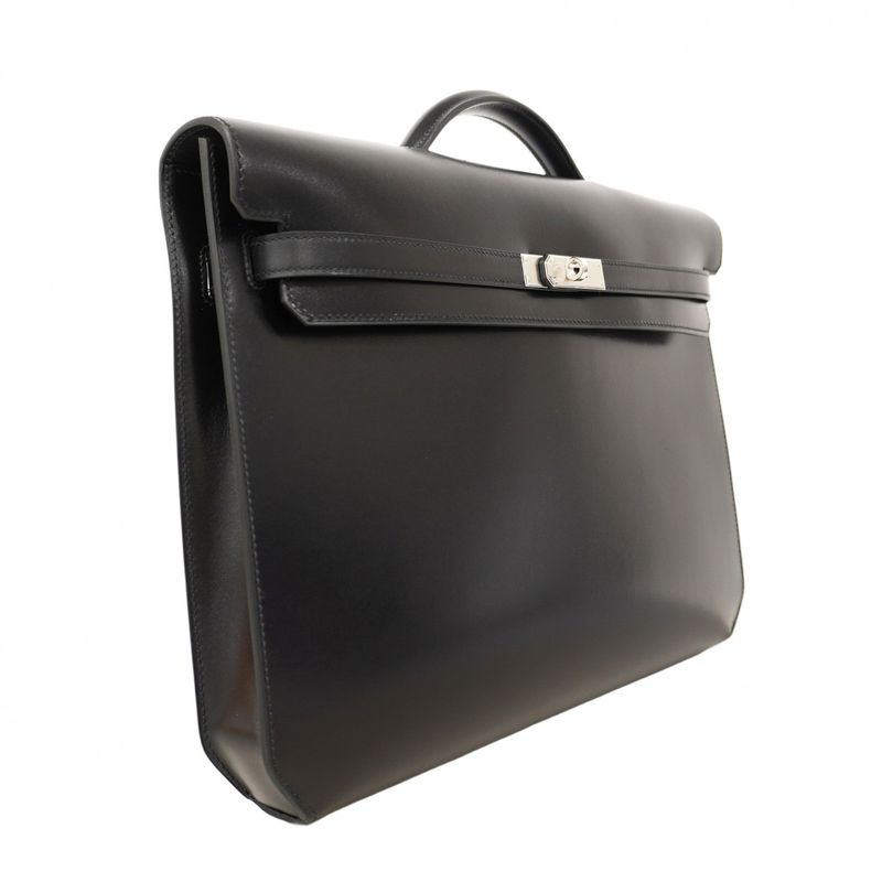 Hermes Briefcase Kelly Depeche 36 Tadelakt Black Silver Hardware B Engraved
