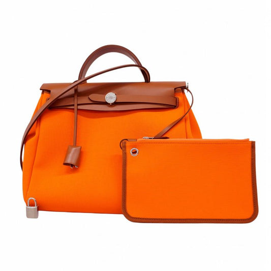 Hermes Handbag Herbag Zip PM Toile Officier Orange Silver Hardware W Engraved