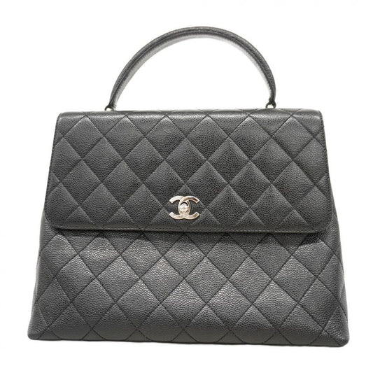 Chanel Handbag Matelasse Caviar Skin Black Silver Hardware Women