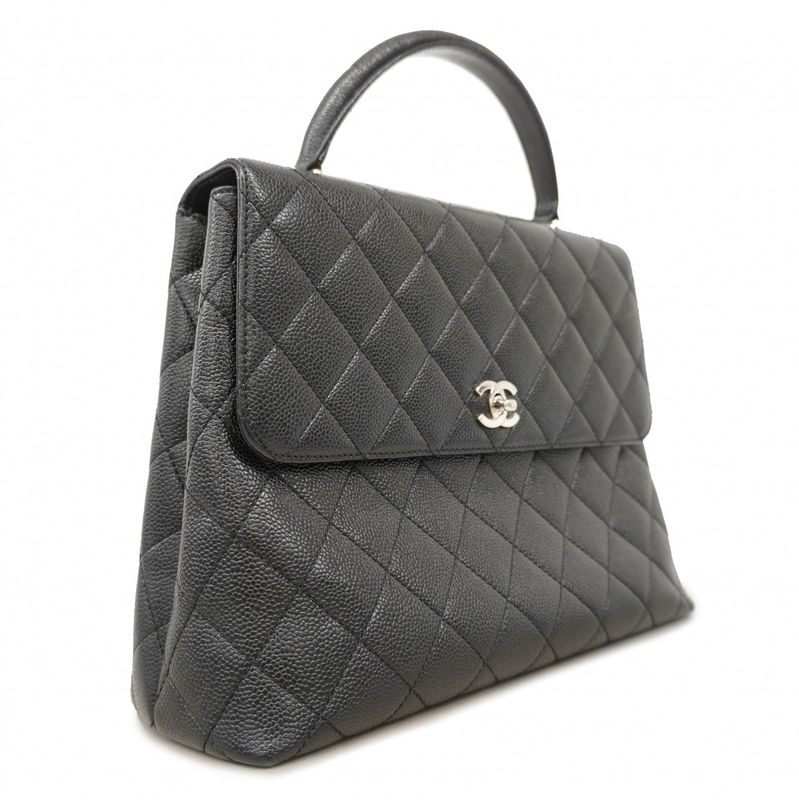 Chanel Handbag Matelasse Caviar Skin Black Silver Hardware Women