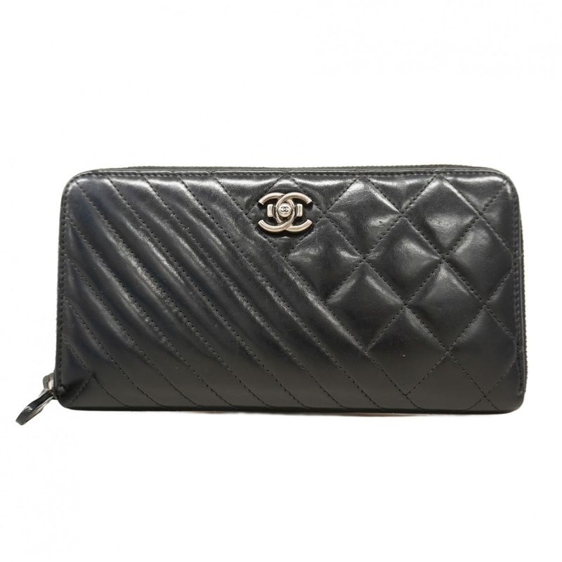 Chanel Long Wallet Matelasse Calfskin Black Silver Hardware Women