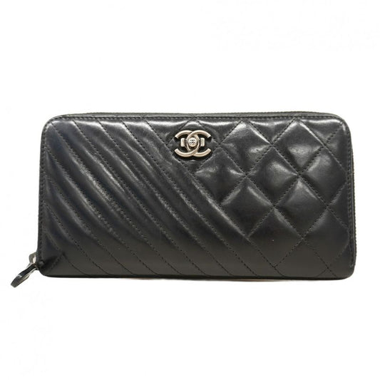 Chanel Long Wallet Matelasse Calfskin Black Silver Hardware Women