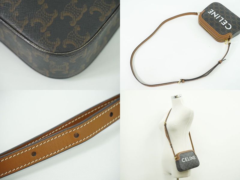 Authentic Celine Triomphe Small Shoulder Bag Pochette Camera Bag PVC Brown