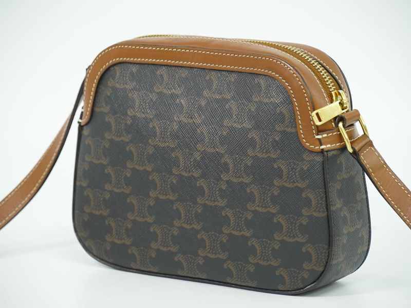 Authentic Celine Triomphe Small Shoulder Bag Pochette Camera Bag PVC Brown