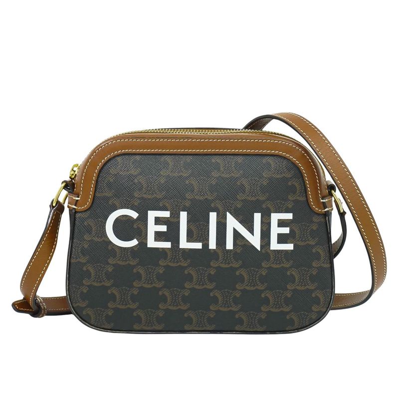 Authentic Celine Triomphe Small Shoulder Bag Pochette Camera Bag PVC Brown