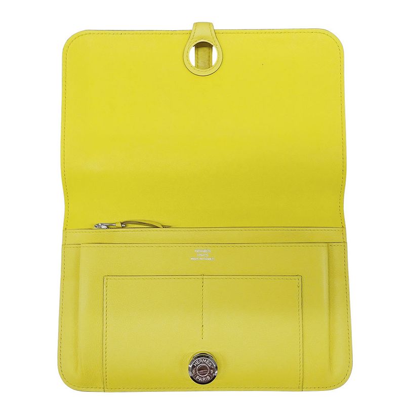Hermes Wallets Ladies Branded Long Wallet Dogon GM Evercolor Lime Yellow Silver