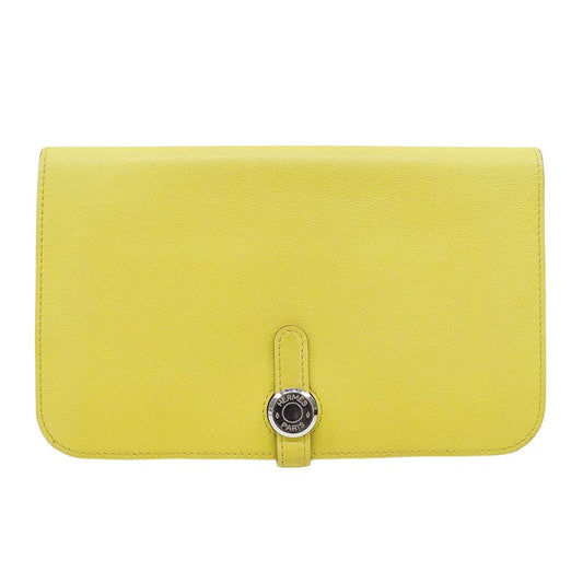 Hermes Wallets Ladies Branded Long Wallet Dogon GM Evercolor Lime Yellow Silver