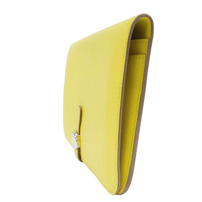 Hermes Wallets Ladies Branded Long Wallet Dogon GM Evercolor Lime Yellow Silver