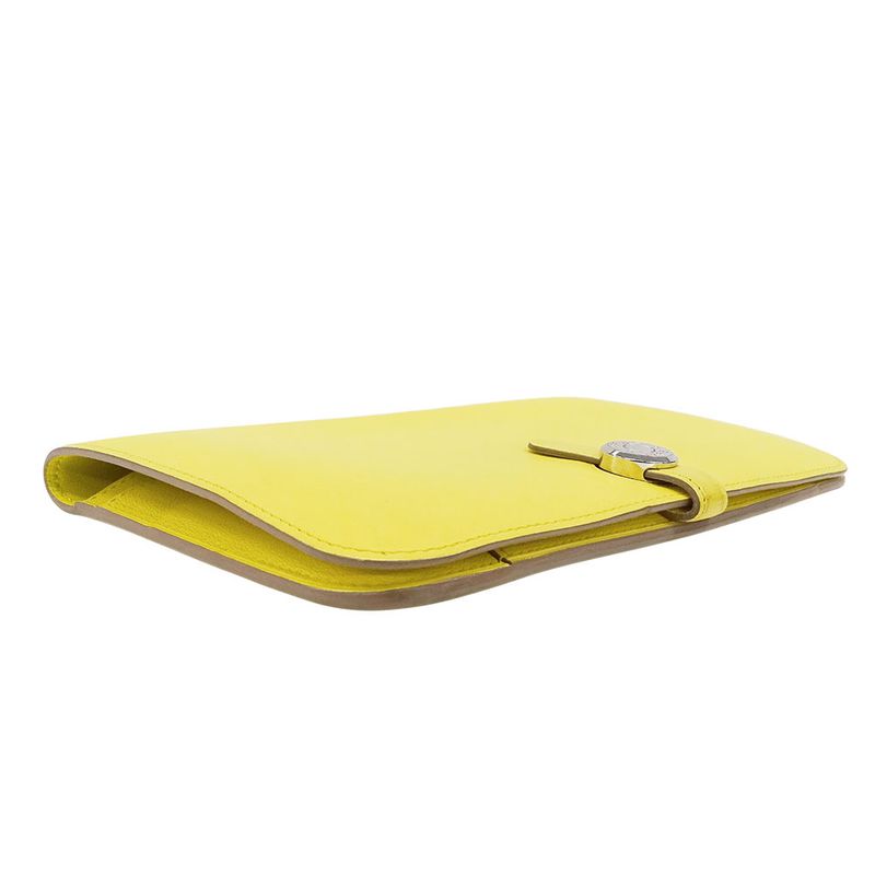 Hermes Wallets Ladies Branded Long Wallet Dogon GM Evercolor Lime Yellow Silver