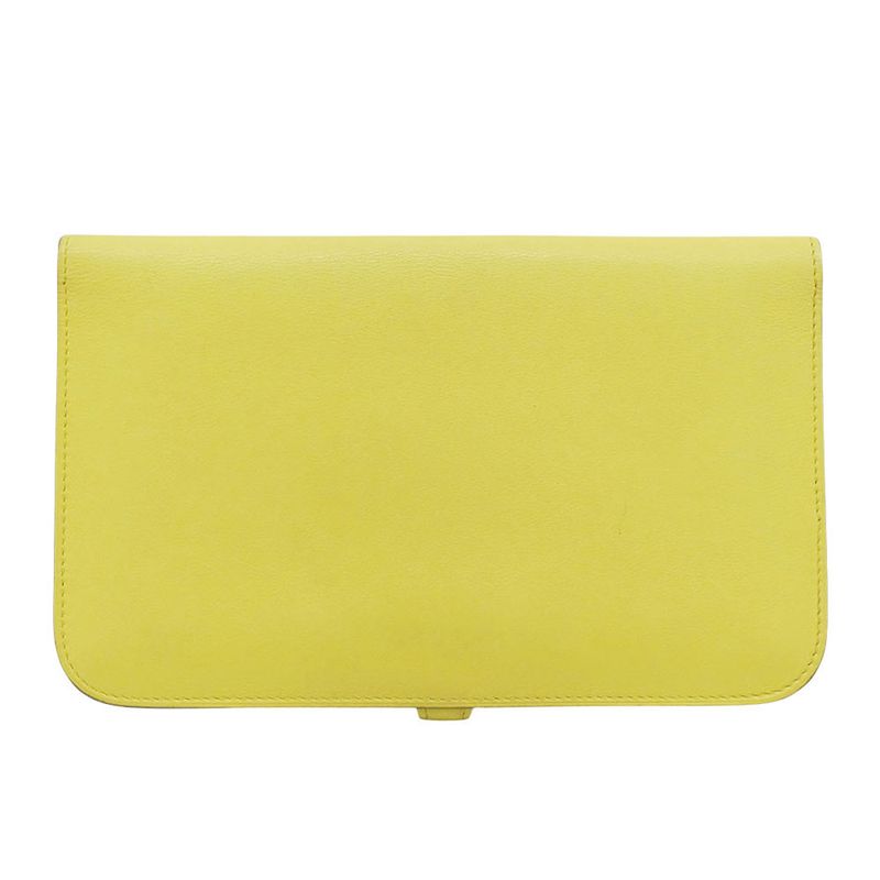 Hermes Wallets Ladies Branded Long Wallet Dogon GM Evercolor Lime Yellow Silver