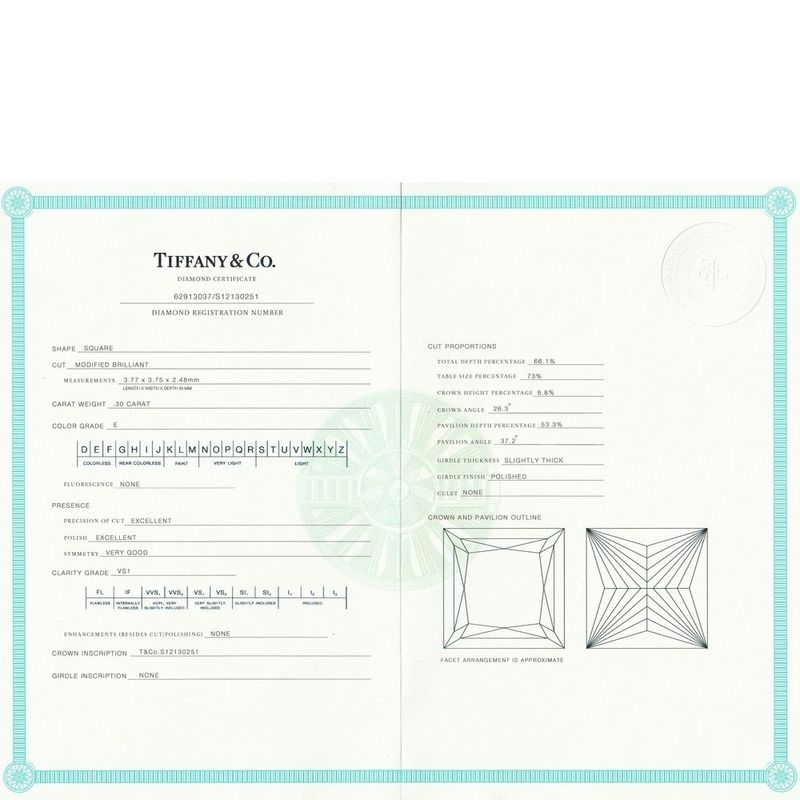 Tiffany & Co Square Princess 030ct E-vs1-ex Diamond Ring Pt950