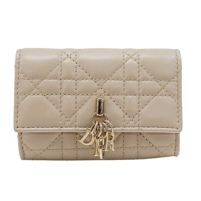 Dior Wallet Women's Brand Coin Case Cannage Leather Beige Small Compact Quilted