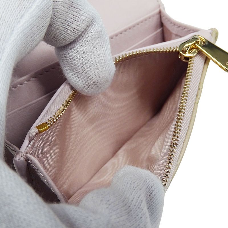 Dior Wallet Women's Brand Coin Case Cannage Leather Beige Small Compact Quilted