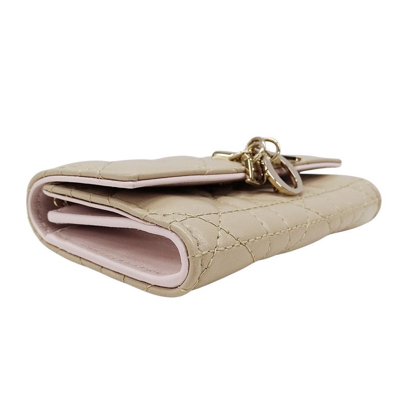Dior Wallet Women's Brand Coin Case Cannage Leather Beige Small Compact Quilted