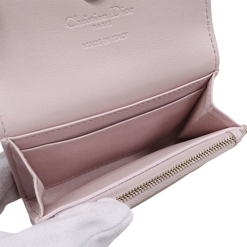 Dior Wallet Women's Brand Coin Case Cannage Leather Beige Small Compact Quilted