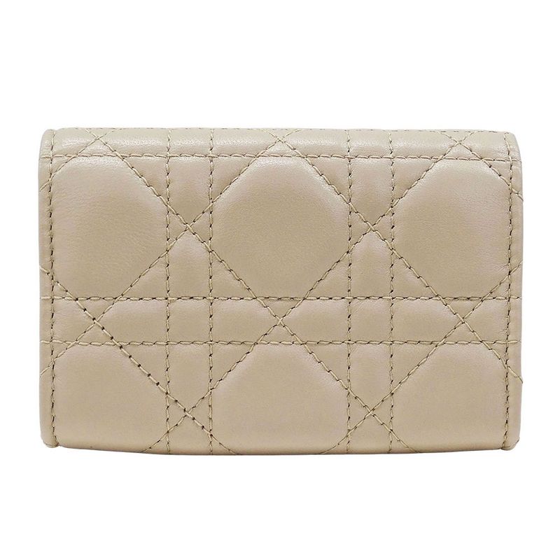 Dior Wallet Women's Brand Coin Case Cannage Leather Beige Small Compact Quilted
