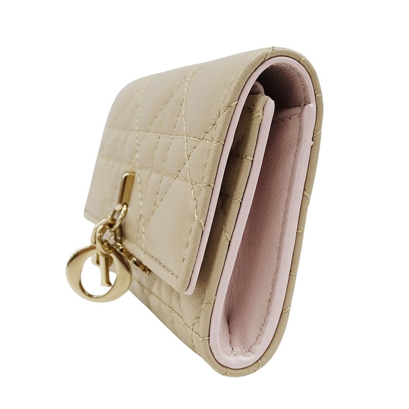 Dior Wallet Women's Brand Coin Case Cannage Leather Beige Small Compact Quilted