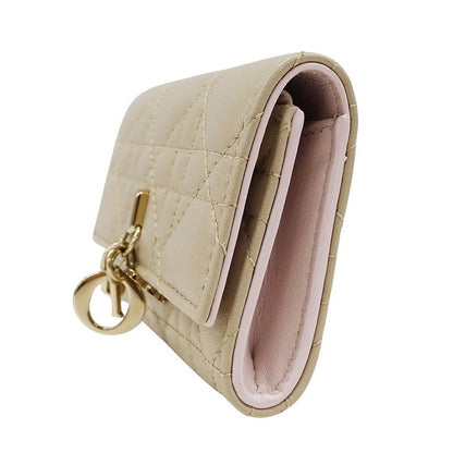 Dior Wallet Women's Brand Coin Case Cannage Leather Beige Small Compact Quilted
