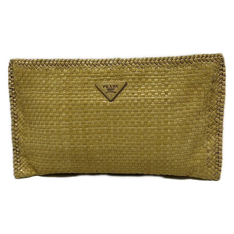 Prada Clutch Bag - Bp0406 Yellow Leather Tag/braided Leather