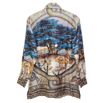 Hermes Long Sleeve Shirt Blouse Size 38 M Women's - Gray Beige X Blue X Multi