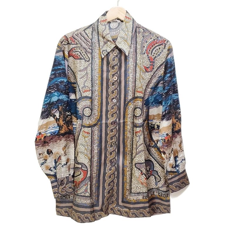 Hermes Long Sleeve Shirt Blouse Size 38 M Women's - Gray Beige X Blue X Multi