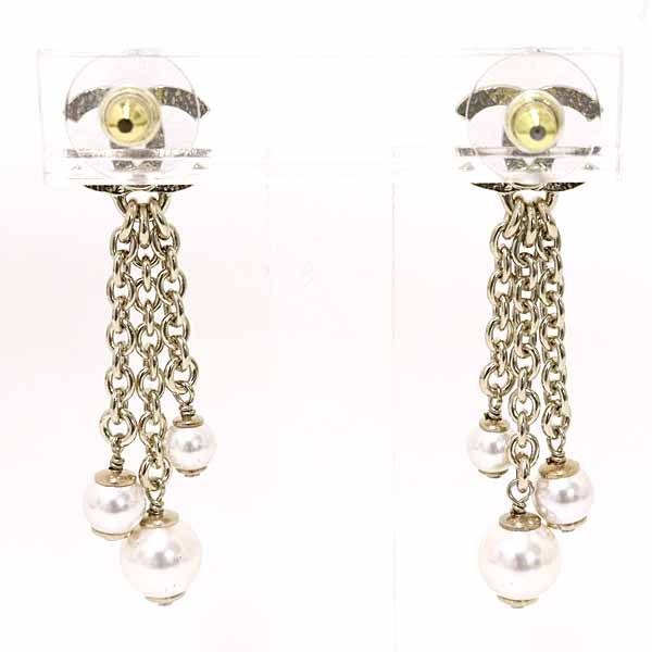 Chanel Pearl Chain Coco Mark Earrings Metal Rai Togo Old B25 A S Rank