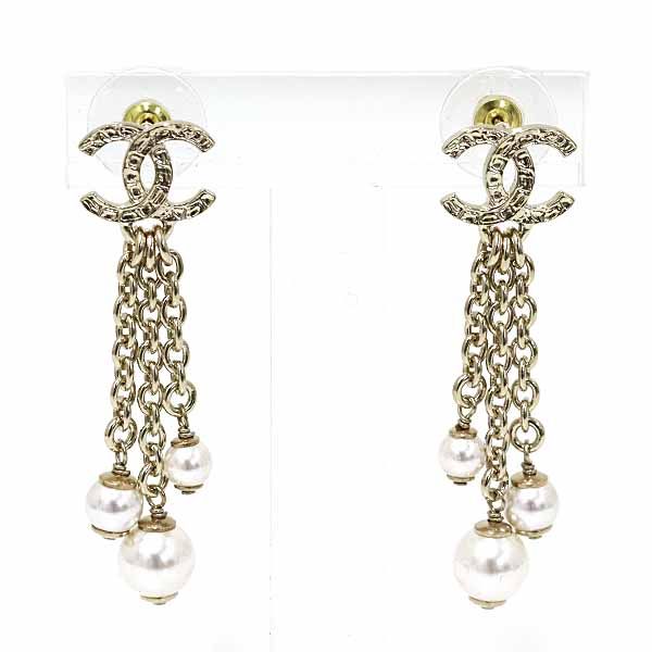Chanel Pearl Chain Coco Mark Earrings Metal Rai Togo Old B25 A S Rank