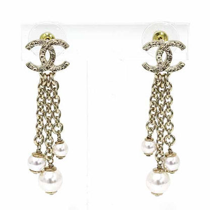 Chanel Pearl Chain Coco Mark Earrings Metal Rai Togo Old B25 A S Rank