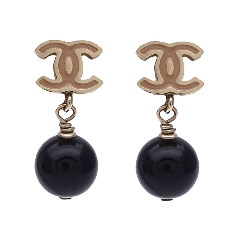 Chanel Earrings Women's Brand Coco Mark Metal Gold Black Beige Swing Ball Cute
