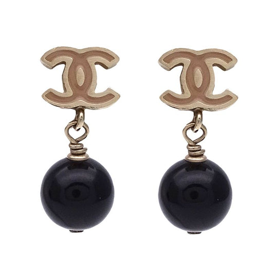 Chanel Earrings Women's Brand Coco Mark Metal Gold Black Beige Swing Ball Cute